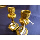 A PAIR OF 19TH CENTURY ORMOLU BRONZE CANDLESTICKS WITH CHAMPLEVE ENAMEL DETAILING, 14.5CM HIGH