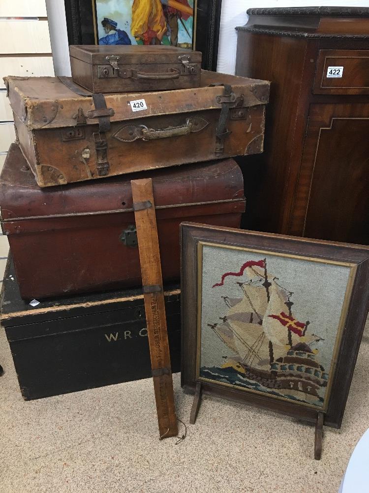 SELECTION OF VINTAGE SUITCACES AND TRUNKS WITH FIRE SCREEN