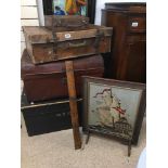 SELECTION OF VINTAGE SUITCACES AND TRUNKS WITH FIRE SCREEN