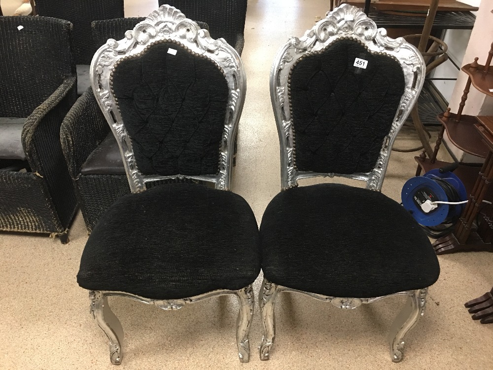 PAIR OF LOUIS STYLE SILVER AND BLACK BEDROOM CHAIRS