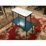 THREE VINTAGE RETRO 1950S 1960S OCCASIONAL TABLES ON SPLAYED LEGS,TWO WITH FORMICA TOPS AND ONE WITH