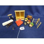 A QUANTITY OF VINTAGE MINIATURE DOLLS HOUSE FURNITURE INCLUDING MANGLE, ROCKING CHAIR, 1970S SOFA,