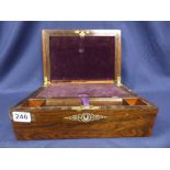A VICTORIAN ROSEWOOD AND MOTHER OF PEARL INLAID WRITING, 36CM BY 24CM (AF)