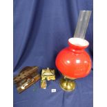ASSORTED COLLECTIBLES, INCLUDING AN ALADDIN NO 23 OIL LAMP WITH RED GLASS SHADE AND CLEAR FUNNEL,