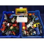 TWO BOXES OF ASSORTED DIE CAST VEHICLES, INCLUDING DINKY, CORGI AND LLEDO