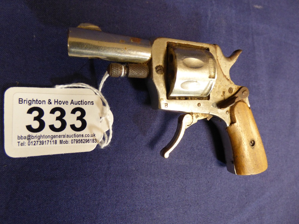 A DEACTIVATED REVOLVER PISTOL WITH FOLDING TRIGGER AND WOODEN MOUNTED METAL GRIP, 12.5CM IN LENGTH