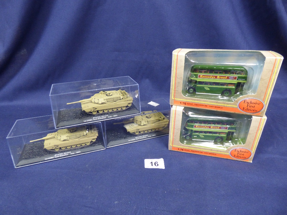 THREE TOY TANKS AND TWO FIRST EDITION BUSES 1.76 SCALE. ALL BOXED