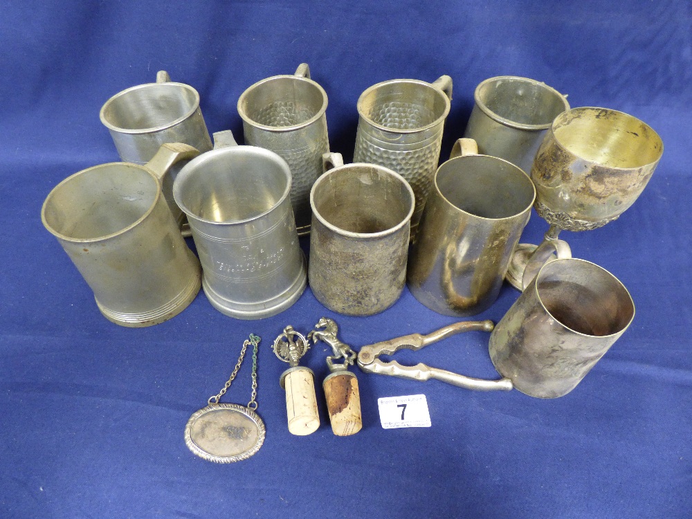 COLLECTION OF PEWTER, PLATED TANKARDS AND DRINKING VESSELS