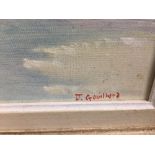 A FRAMED OIL ON BOARD OF A SNOW SCENE 44CM BY 35CM SIGNED J GOUILLARD TOGETHER WITH A WATERCOLOUR OF