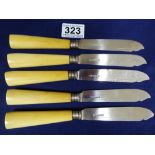 FIVE LATE VICTORIAN SILVER BLADED FISH KNIVES WITH BONE HANDLES, HALLMARKED SHEFFIELD 1882 BY