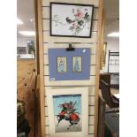 THREE ORIENTAL CHINESE JAPANESE PICTURES ONE BEING A FRAMED AND GLAZED WATERCOLOUR ON FABRIC OF A