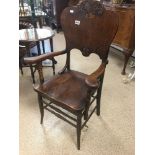 VICTORIAN OAK HALL ARMCHAIR WITH ORNATE BACK