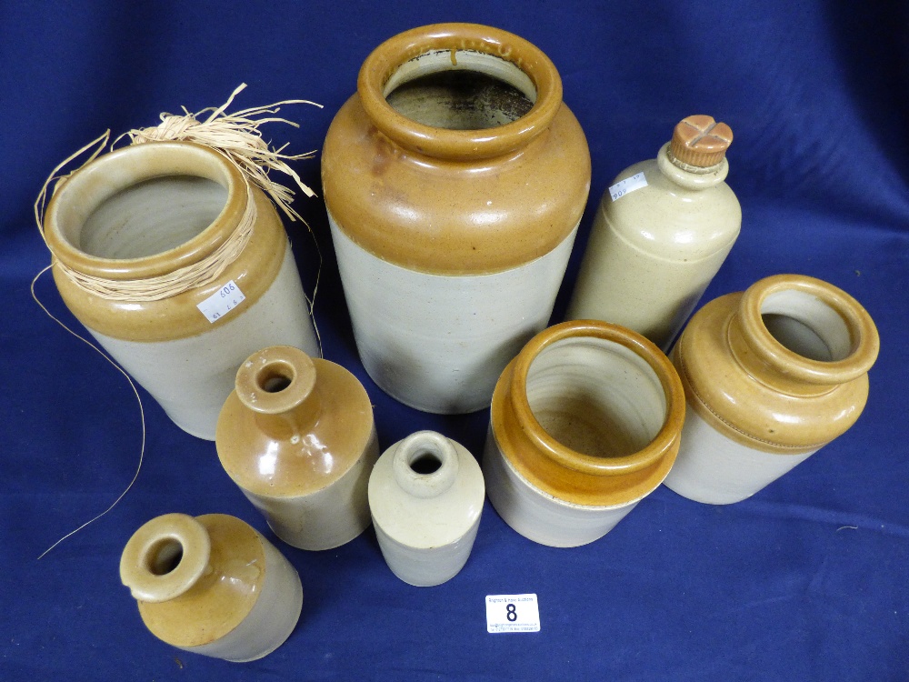 EIGHT STONEWARE BOTTLES / POTS, INCLUDING LANGLEY WARE