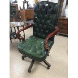 GREEN LEATHER BUTTON BACK SWIVEL OFFICE ARMCHAIR