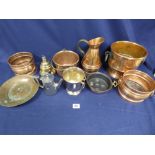 ASSORTED BRASS AND COPPER METALWARE INCLUDING PANS, POURING JUGS AND MORE