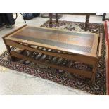 MID CENTURY 1970S LARGE TEAK COFFEE TABLE WITH DECORATIVE COPPER TOP 118CM LONG BY 50CM WIDE BY 41CM