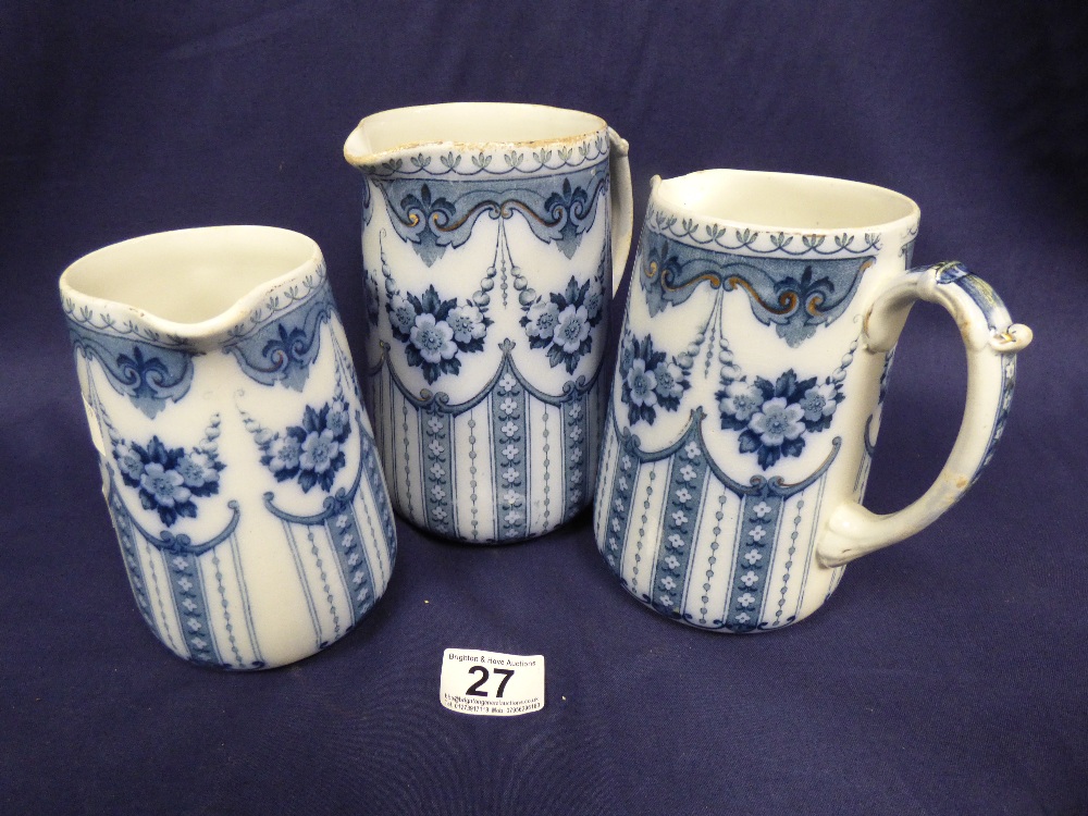BLUE AND WHITE VICTORIAN GRADUATED JUGS BY F & SONS OF WINDSOR
