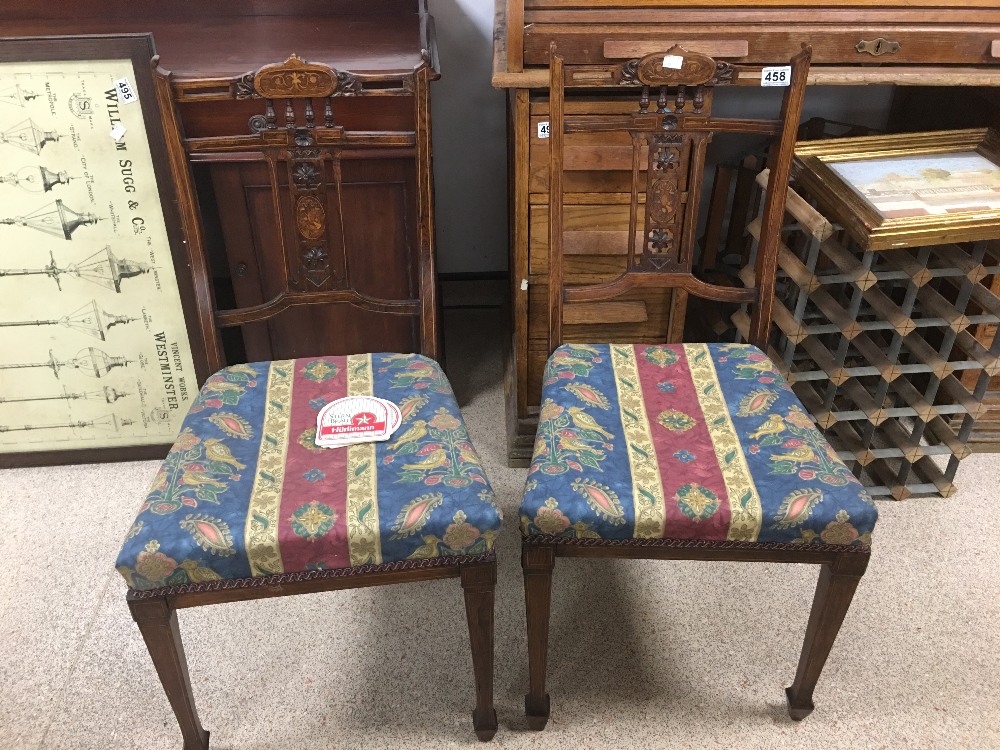 PAIR OF WALNUT INLAY BACKED HALL CHAIRS