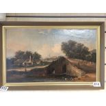 A FRAMED 19TH CENTURY OIL ON CANVAS OF A RIVER LANDSCAPE WITH FIGURES ON A BRIDGE, 30CM BY 50CM