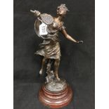 A FRENCH SPELTER FIGURE OF A FEMALE TENNIS PLAYER, PLAQUE TO FRONT READS “JEA DE RAQUETTE, PAR A