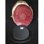 A FRENCH FOLDING TOP HAT WITH NAME TO INSIDE OF HAT “DELAPORTE-CLAIN BRETEUIL” IN BOX