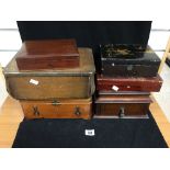 SIX ASSORTED LIDDED WOODEN BOXES OF VARYING SHAPES AND SIZES, SOME WITH INLAID ORIENTAL SCENES TO