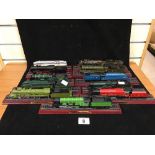 GROUP OF ELEVEN VINTAGE MODEL TRAINS ON WOODEN BASES, INCLUDING KING CLASS GWR, PLM MOUNTAIN CLASS
