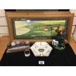 ASSORTED GOLFING COLLECTIBLES, INCLUDING NATURE CRAFT FIGURE REF 840, POINTERS OF LONDON ASH TRAY