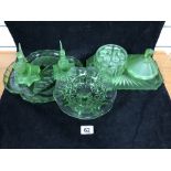 ASSORTED 20TH CENTURY GREEN GLASS, INCLUDING PAIR OF ANGEL CANDLESTICKS, SUNDAE DISH AND MORE
