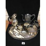 QUANTITY OF SILVER PLATED ITEMS, INCLUDING LARGE OVAL TRAY, TEA AND COFFEE POT AND SOME LOOSE