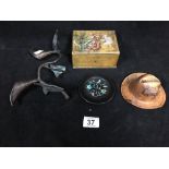 GROUP OF COLLECTIBLES, INCLUDING CARVED WOODEN INKWELL IN THE FORM OF A COWBOY HAT, A LIDDED
