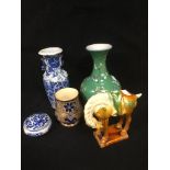 FIVE ASSORTED CERAMIC ITEMS, INCLUDING ORIENTAL VASE OF BALUSTER HORSE, CHINESE HORSE ETC, LARGEST