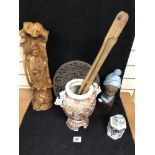 A GROUP OF COLLECTIBLES, INCLUDING MOSANIC CERAMIC TEA CADDY, LARGE CARVED WOODEN ORIENTAL FIGURE,