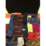 A COLLECTION OF VINTAGE DESIGNER CLOTHING, INCLUDING HERMES SCARF, TIE’S AND HANDKERCHIEF, GUCCI