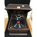 A VINTAGE HMV GRAMOPHONE IN WOODEN BOX