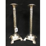 A PAIR OF LARGE SILVER PLATED CANDLESTICKS WITH BARLEY TWIST STYLE CENTERS, 36CM HIGH