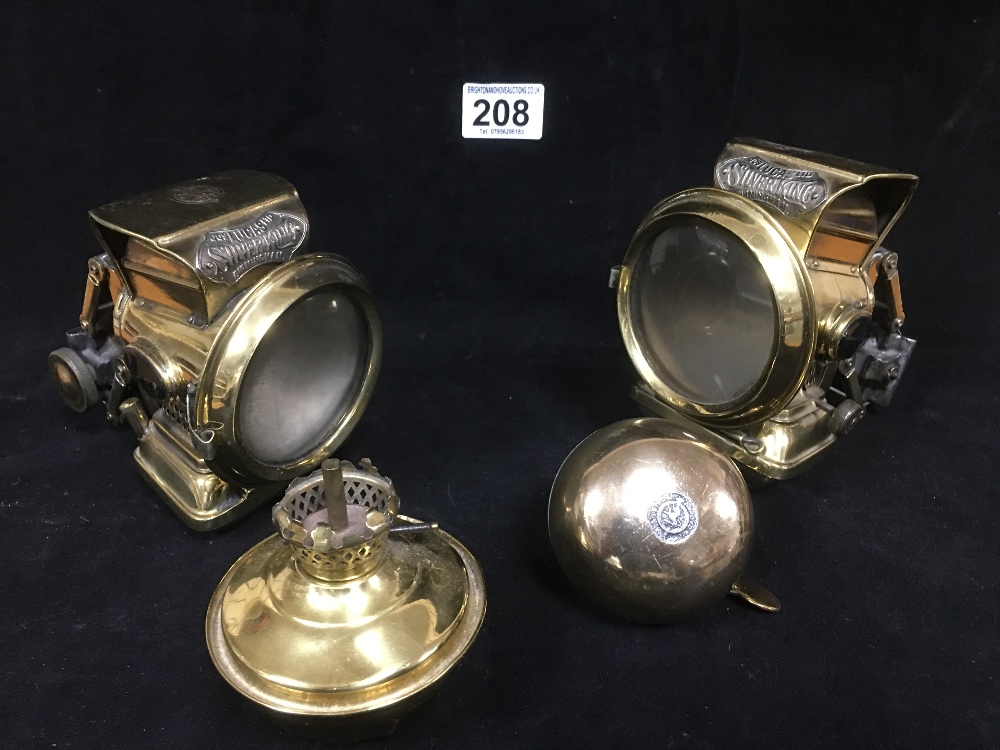 A PAIR OF SILVER KING BRASS BICYCLE LAMPS BY JOSEPH LUCAS LTD, C.1920/30’S, TOGETHER WITH A LUCAS