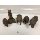 FIVE CARVED WOODEN BLACK FOREST BEARS, INCLUDING AN ASH TRAY, LARGEST 17.5CM LONG