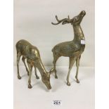 TWO LARGE BRASS FIGURES OF DEER, LARGEST 35.5CM HIGH