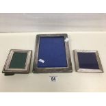 A VINTAGE HALLMARKED SILVER PICTURE FRAME OF RECTANGULAR FORM, TOGETHER WITH TWO SILVER PLATED