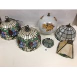 GROUP OF GLASS LIGHT SHADES, TWO WITH LIGHT FITTINGS