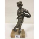 A 19TH CENTURY SILVERED BRONZE FIGURE OF A JAPANESE WOMAN WITH BASKET, ON MARBLE BASE , 26CM HIGH
