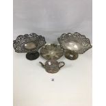THREE SILVER PLATE FRUIT DISHES RAISED UPON PEDESTAL BASES AND A SILVER PLATE TEA POT BY ELKINGTON &