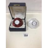 A WATERFORD CRYSTAL LISMORE CLOCK SHAPED AS A DIAMOND AND A CAITHNESS GLASS PAPERWEIGHT CLOCK IN