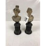 TWO EARLY 20TH CENTURY MINI BUSTS ON WOODEN PEDESTALS SIGNED ALFRED WERNER WIEN 20 CMS