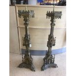 PAIR OF GILT METAL EARLY 19TH CENTURY PRICKET CANDLESTICKS THREE SIDED 114 CMS HIGH