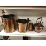 FOUR BRASS ITEMS, INCLUDING TWO LARGE SINGLE HANDLED BUCKETS, A LARGE KETTLE "GOD BLESS OUR HOME"