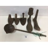 GROUP OF CAST IRON ITEMS, INCLUDING TWO FOOT LASTS, THREE IRONS AND A LADLE