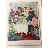 A 20TH CENTURY CHINESE ADVERTISING POSTER FOR CERAMICS, DEPICTING NUMEROUS PEOPLE AROUND A TABLE