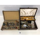 TWO JEWELLERY BOXES CONTAINING MIXED COSTUME JEWELLERY, INCLUDING SOME SILVER AND A 9CT SMALL GOLD